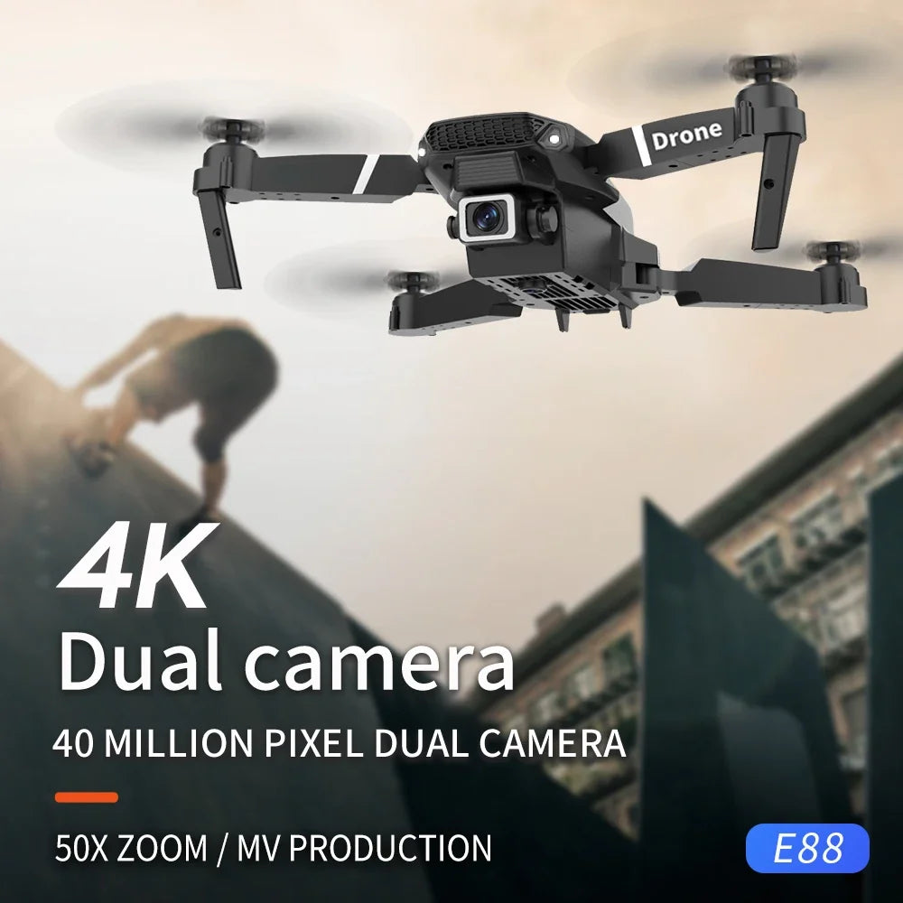 Drone FPV WiFi E88 Pro 2025 – Caméra simple/double 4K/1080P, HD grand angle, maintien d'altitude, jouet d'hélicoptère RC quadrirotor pliable