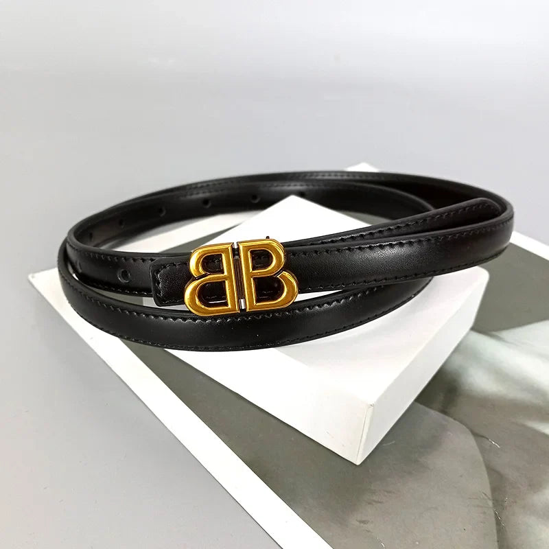 Women's genuine cowhide leather belt, luxury bb bucket, elegant design, denim belt, thin belt