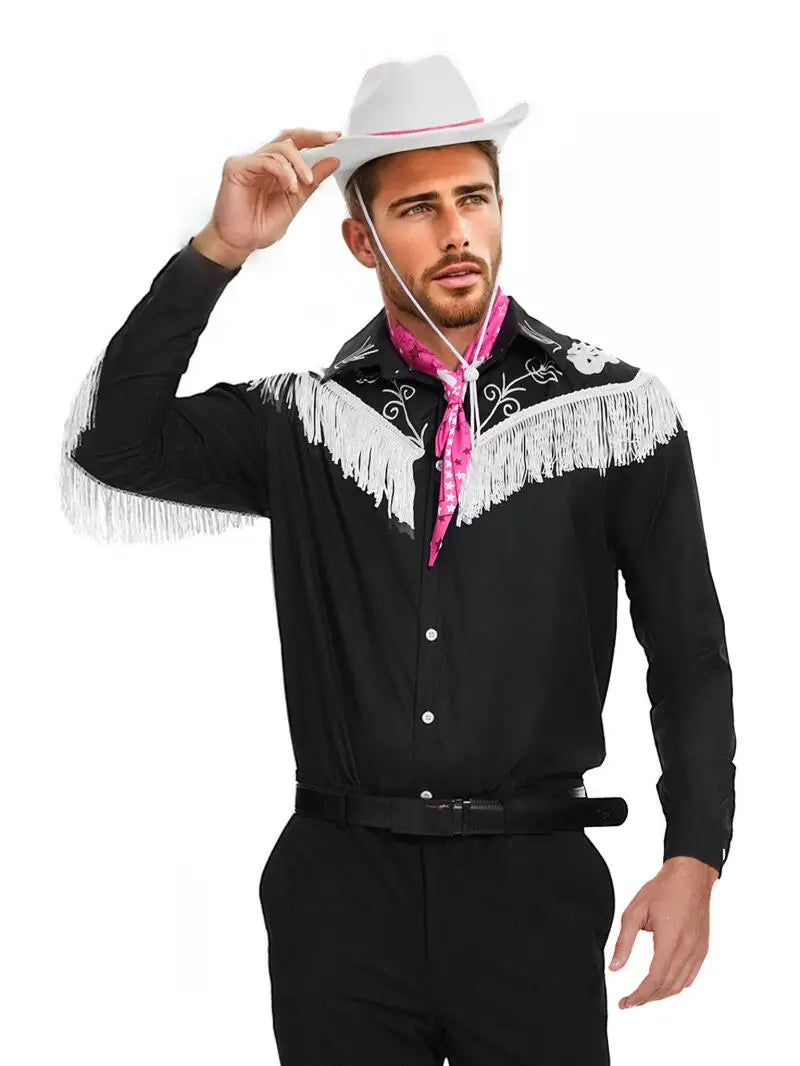 Costume de cowboy pour homme avec bandana, chemise à franges noires à manches longues, pantalon et chapeau, idéal pour Halloween ou cosplay adulte.