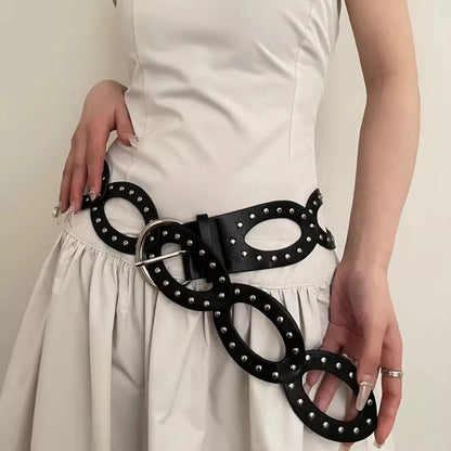 Adjustable Cowgirl Waist Belt, Hollow, Wide Side, PU Leather, Elliptical Geometry, Metal Buckle, Rivet, Everyday Waist Belt