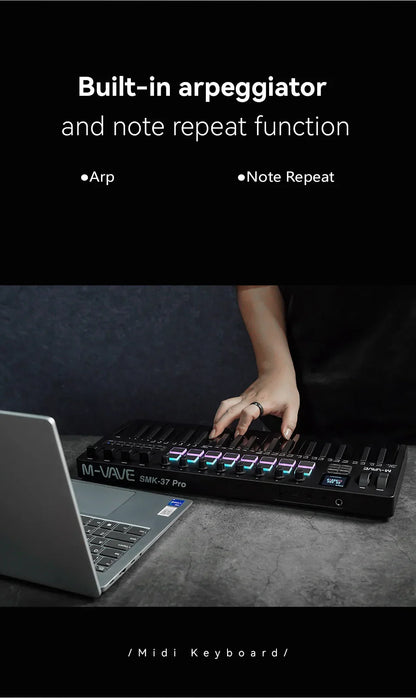 Clavier MIDI M-VAVE All Black PRO 37 touches, 16 tampons RGB, 4 faders, 8 encodeurs, moteur de synthétiseur FM DX-7 intégré, 5 couleurs en option