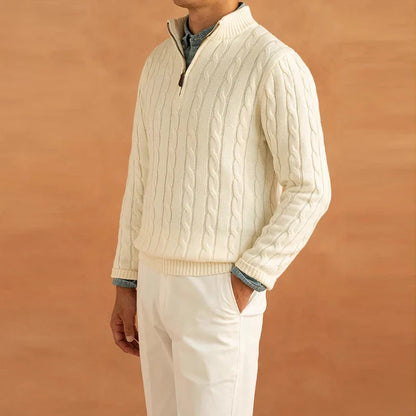 Men's Luxury Leisure Knit Mock Turtleneck Zipper Pullover Sweater Streetwear Retro Solid Long Sleeve Popular Jacquarded Knitwear