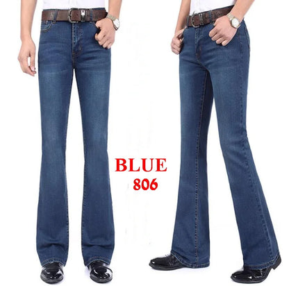 Men's Flared Jeans For Winter Thick Mid High Waist Slim Bell-bottoms Pants Elastic Fared Denim Trousers Size 26-40