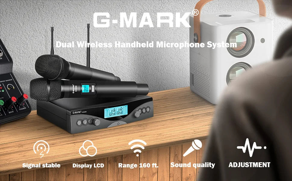 Sans fil Microphone G-MARK G320AM Professionnel UHF 2 Canaux Karaoké Mic De Poche Automatique Fréquence Réglable 100M