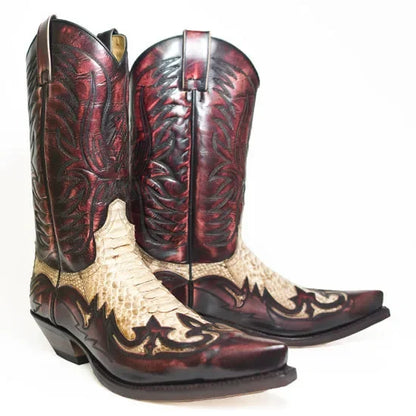 Pointed Toe Embroidered Mid-Calf Boots Snake Print Western Cowboy Men Botines Color-Blocked Slip-On Chelsea Cool Botas Femininas