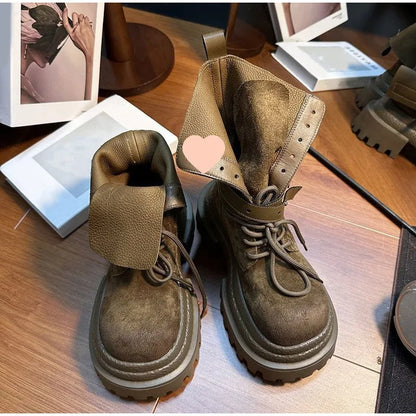 Bottes de Cowboy à grande tête en détresse, mode rétro, bottes de chevalier montantes de Style moto haut de gamme, bottes à semelles épaisses pour filles et femmes