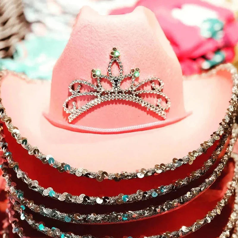 Ensemble de chapeaux de Cowboy roses, 3 pièces, chapeaux de fête d'enterrement de vie de jeune fille, chapeaux de Cowgirl occidentale en plumes, casquettes de Costume de fête + lunettes + mouchoir