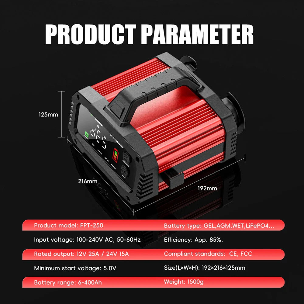 Portable 25A/15A Smart Car Battery Charger Car Booster Pulse Repair for 12V-24V Motorcycle Lead Acid AGM GEL LiFePo4 Batteries