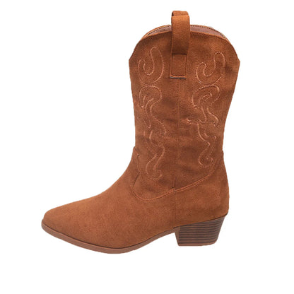 Embroidered Western Cowboy Boots for Women Autumn Pointed Toe Thick Heel High Knee Boots Woman Loose PU Leather Long Botas Mujer