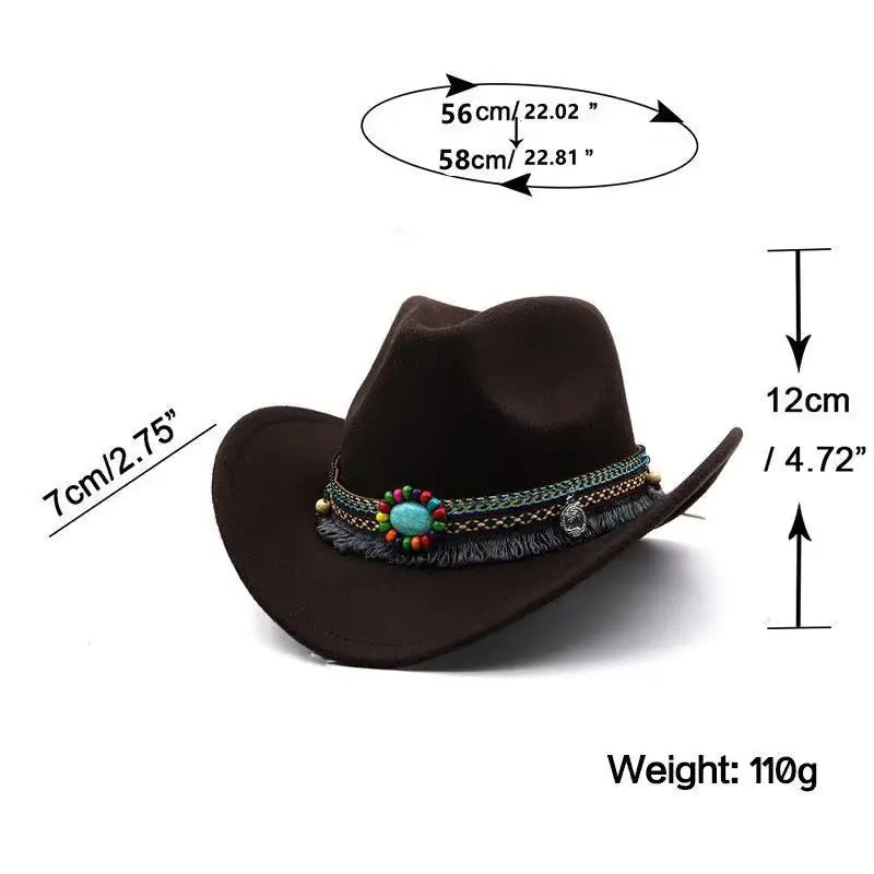 Western Cowboy Wool Hat with Pompom, Montana Sombrero Belt for Men and Women, Cowgirl, Solid Color, Jazz, Stylish Hollow Design for Lady