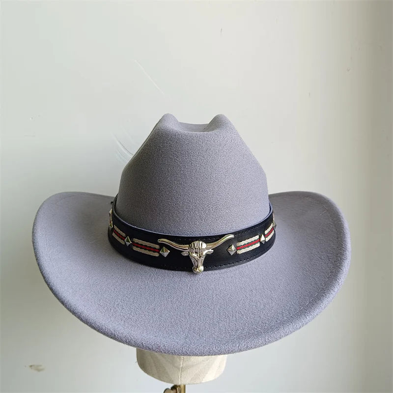 Ethnic Style Cowboy Hat Fashion Chic Unisex Solid Color Jazz Hat With Bull Shaped Decor Western Cowboy Hats