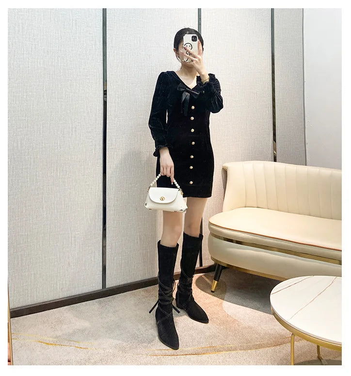 Matte Leather Gothic Western Cowboy Boots Women's Fashion Autumn New Style Pointed Toe Lace-up Retro High Top Flat Heel Boots