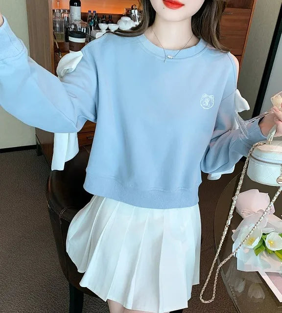 Sweat-shirt à épaules dénudées pour femmes, mode Harajuku, vêtements pour jeunes, Sport essentiel, nouveau, basique, bleu, hauts pull pour femmes