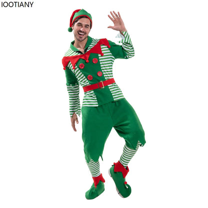 Christmas Outfits Men Striped Christmas Elf Cosplay Costume Xmas Performance Dress Up Festival Party Stage Fancy Dress New