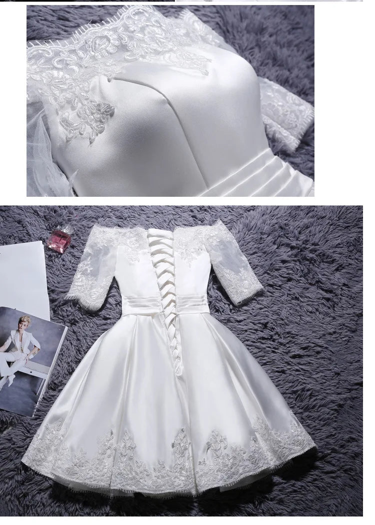 Élégantes robes de soirée épaules dénudées courtes en satin ligne A robe de cocktail avec demi-manches robe de soirée robes de bal