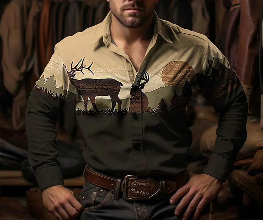 Western Cowboy Flower Printed Long Sleeve Shirt for Spring and Summer Comfortable Soft Fabric Party Men's Collar Shirt