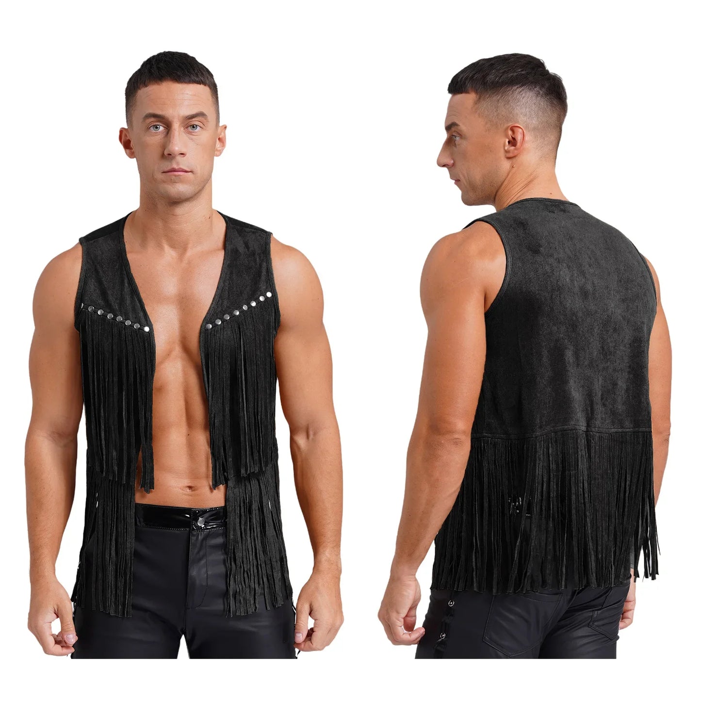 Men Halloween Western Cowboy Cosplay Costume Faux Suede Tassel Rivets Vest Waistcoat Motorcycling Rave Party Nightclub Outerwear