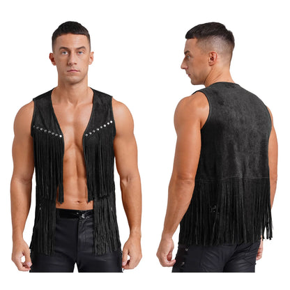 Men Halloween Western Cowboy Cosplay Costume Faux Suede Tassel Rivets Vest Waistcoat Motorcycling Rave Party Nightclub Outerwear
