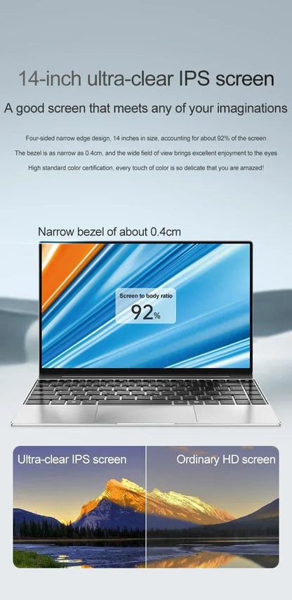 14.1"Ultra Slim Laptop  Intel N3700 16GB RAM 2TB SSD Notebook Gamer 1920*1080 Display Office Study Computer PC Windows 11 Pro