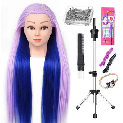 Tête de mannequin à cheveux longs synthétiques avec support de trépied de perruque réglable Modèle avec tête de mannequin Formation de coiffeur coiffant