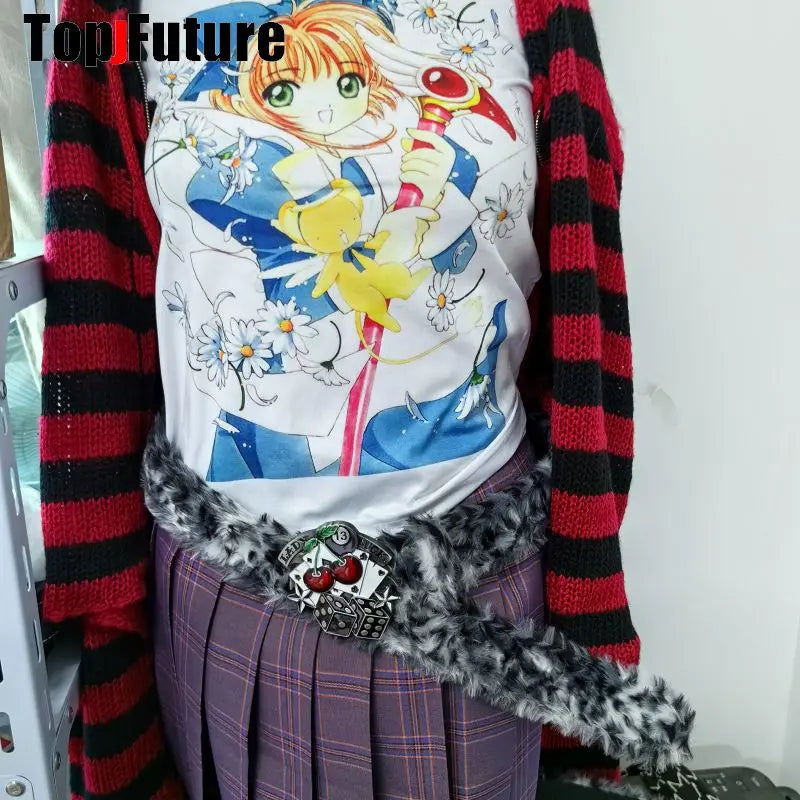 Y2K-Harajuku Western Cowboy Furry Snowleopard Punk Skull Belt, Gift for Women and Men, Girls