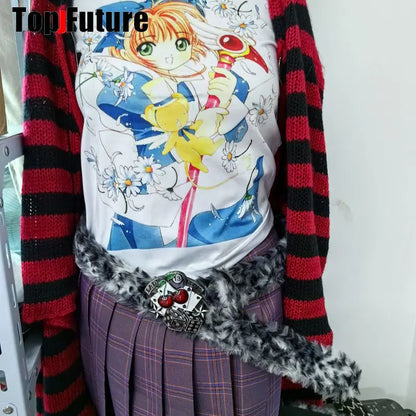 Y2K-Harajuku Western Cowboy Furry Snowleopard Punk Skull Belt, Gift for Women and Men, Girls