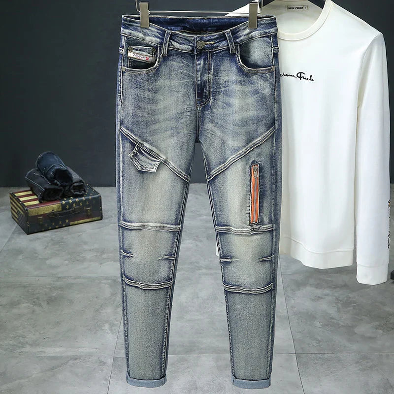Jean Rétro Homme Slim Élastique Épissé Zip Skinny Crayon Pantalon Harajuku Hip-hop Rock Moto Denim Pantalon Streetwear