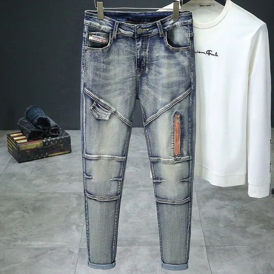 Retro Men's Jeans Slim Elastic Spliced zipper Skinny Pencil Trousers Harajuku Hip-hop Rock Motorcycle Denim Pants Streetwear