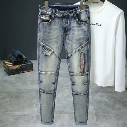 Men's Retro Jeans, Slim, Elastic, Zipper, Skinny Pencil Pants, Harajuku Style, Hip Hop, Rock, Motorcycle, Streetwear