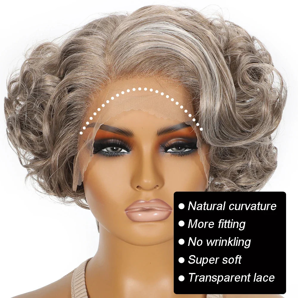 10 Inch Short Curly Wavy Blonde Black Grey Synthetic Wig for Women Natural Look T-Part Lace Front Hair Replacement