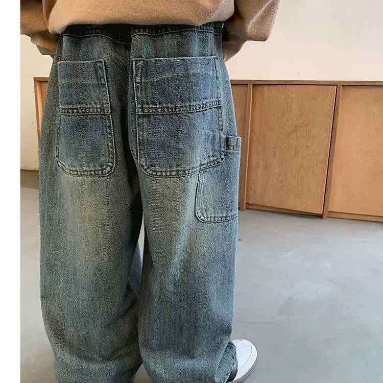 Korean Children's Denim Overalls Spring Autumn Casual Jeans Wide Denim Pants Wide Leg Jeans for Kids Loose Streetwear Trouser