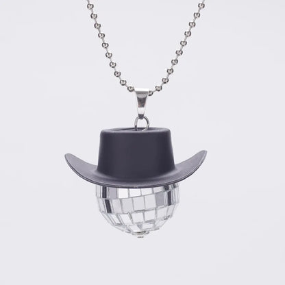 1Pcs Pink Cowgirl Cowboy Hat Disco Ball Neckalace 80s Silver Mirror Balls Pendant for Wedding Birthday Party Favors Decoration
