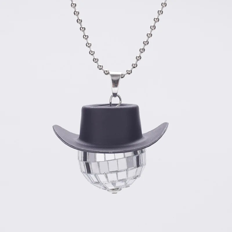 1Pcs Pink Cowgirl Cowboy Hat Disco Ball Neckalace 80s Silver Mirror Balls Pendant for Wedding Birthday Party Favors Decoration
