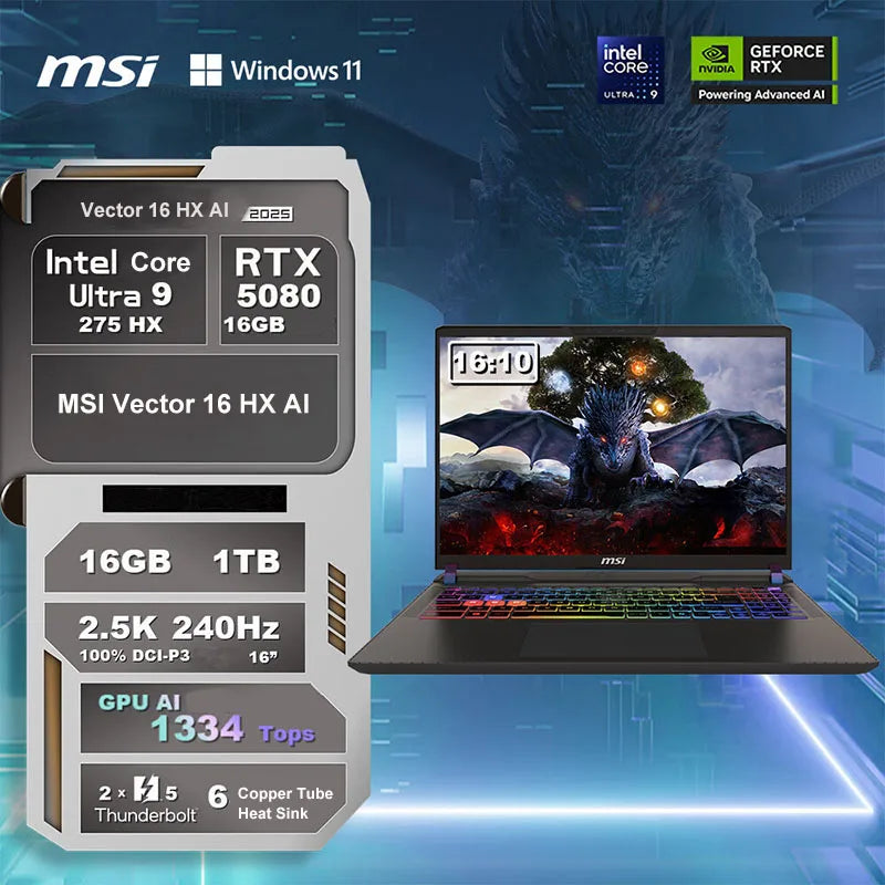 2025 MSI Vector 16 HX AI Gaming Laptop 16 Inch 2.5K 240Hz IPS Screen Notebook Ultra 9-275HX 64GB 4TB RTX5080 Netbook Computer PC
