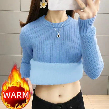 Turtleneck Winter Sweater Women Elegant Thicken Velvet Lined Warm Sueter Fleece Knitted Pullover Slim Top Jersey Knitwear Jumper
