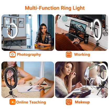 26cm (10") LED Selfie Ring Light, Photography Lighting Kit, USB Charging Lamp with Tripod for Live Video, 120 Beads