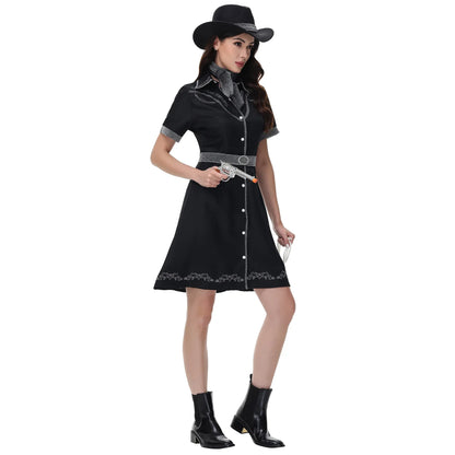 Costume de Cosplay de Cowgirl d'halloween pour femmes adultes, ensemble de robe fantaisie de fête de carnaval, Costume occidental noir pour spectacle sur scène