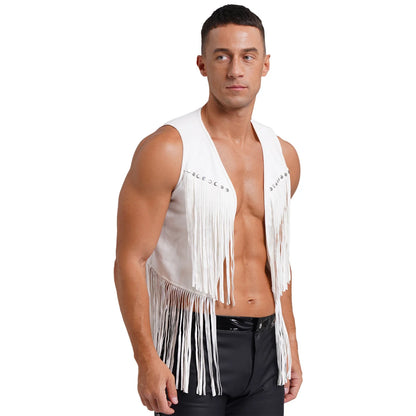 Gilet de cow-boy Western Halloween pour homme, en similicuir suédé, à pampilles et rivets, pour le motocyclisme, les raves, les fêtes et les boîtes de nuit