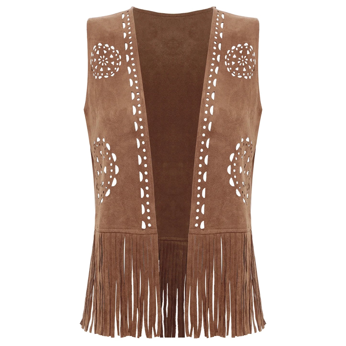 Gilet sans manches à franges pour femme style cow-girl, disco années 70, hippie, cosplay, vintage, creux, débardeur à pompons, en faux daim