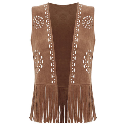 Gilet sans manches à franges pour femme style cow-girl, disco années 70, hippie, cosplay, vintage, creux, débardeur à pompons, en faux daim
