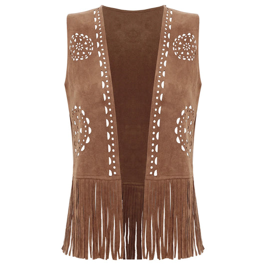 Womens Western Cowgirl 70s Disco Hippy Cosplay Costume Fringe Vest Vintage Hollow Out Tassel Tank Tops Faux Suede Waistcoat
