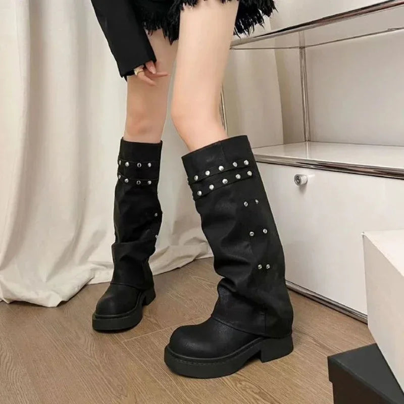 Bottes de cowgirl occidentales pour femmes, bottes hautes au genou, bottes longues en cuir PU, bottes de pantalon cloutées noires, style punk, mode automne
