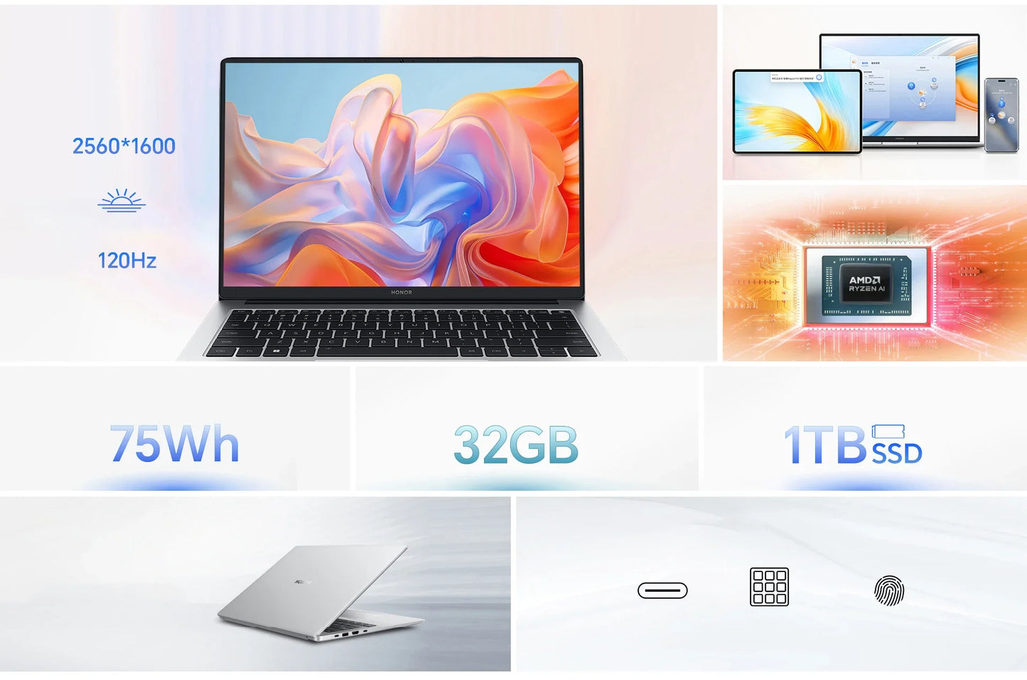 HONOR Laptop MagicBook X16 Plus 2024 BRI-721 16"Inch 2.5K 120Hz AMD Ryzen R7 8845HS 16/32GB 1TB Computer PC Notebook Ultrabook