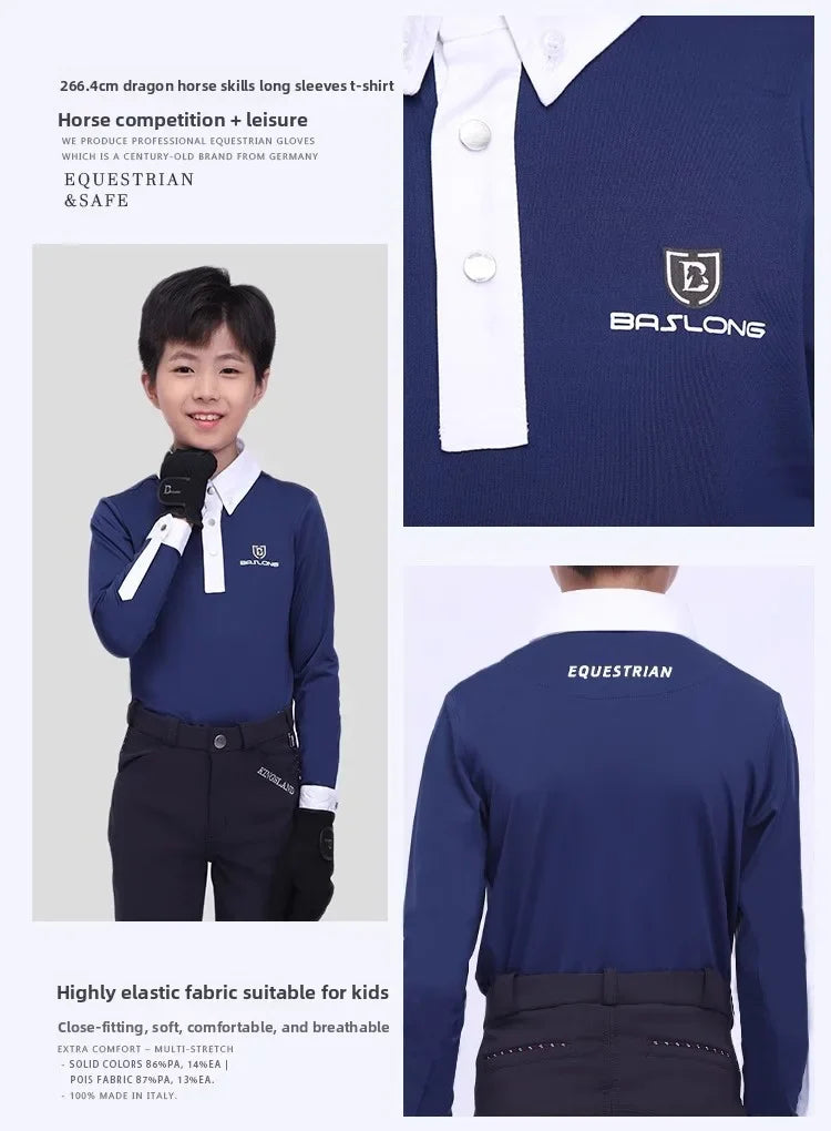 Baslong T-shirt pour enfants, haut à manches longues, protection solaire respirante, vêtements de chevalier pour garçons et filles, compétition d'équitation, vêtements de chevalier
