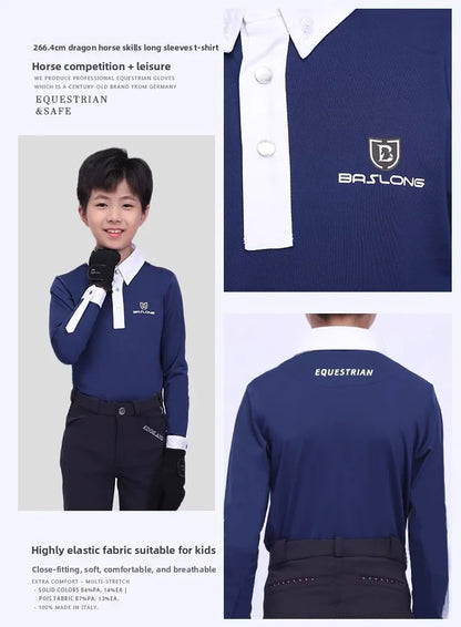 Baslong T-shirt pour enfants, haut à manches longues, protection solaire respirante, vêtements de chevalier pour garçons et filles, compétition d'équitation, vêtements de chevalier