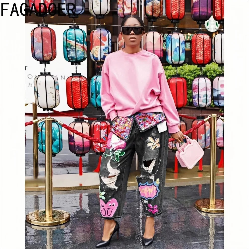 FAGADOER Jean ample à imprimé et couture diamant avec trous pour femme, taille haute, bouton, poche, en denim, pantalon décontracté, streetwear féminin