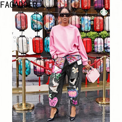 FAGADOER Jean ample à imprimé et couture diamant avec trous pour femme, taille haute, bouton, poche, en denim, pantalon décontracté, streetwear féminin