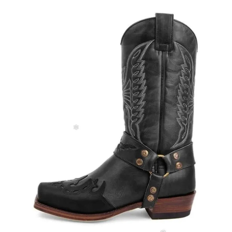 2025 Luxury Foreign Trade New Men's Square Head European and American Embroidery Men's Leather Knight Boots Low Heel Men's Shoes