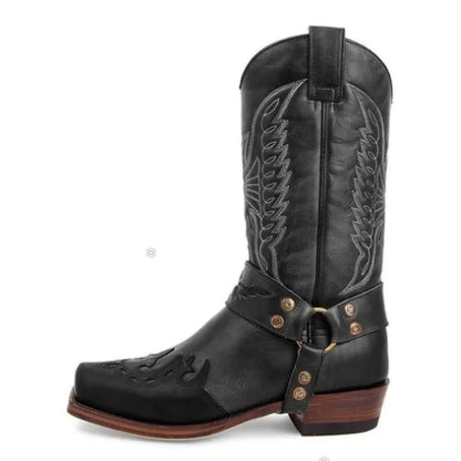 2025 Luxury Foreign Trade New Men's Square Head European and American Embroidery Men's Leather Knight Boots Low Heel Men's Shoes
