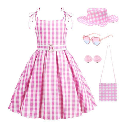 Costume de Cowgirl Robe de Fille Princesse Cosplay Costume Rose à Carreaux Tenue de Plage Anniversaire Halloween Fête Robe pour Enfants